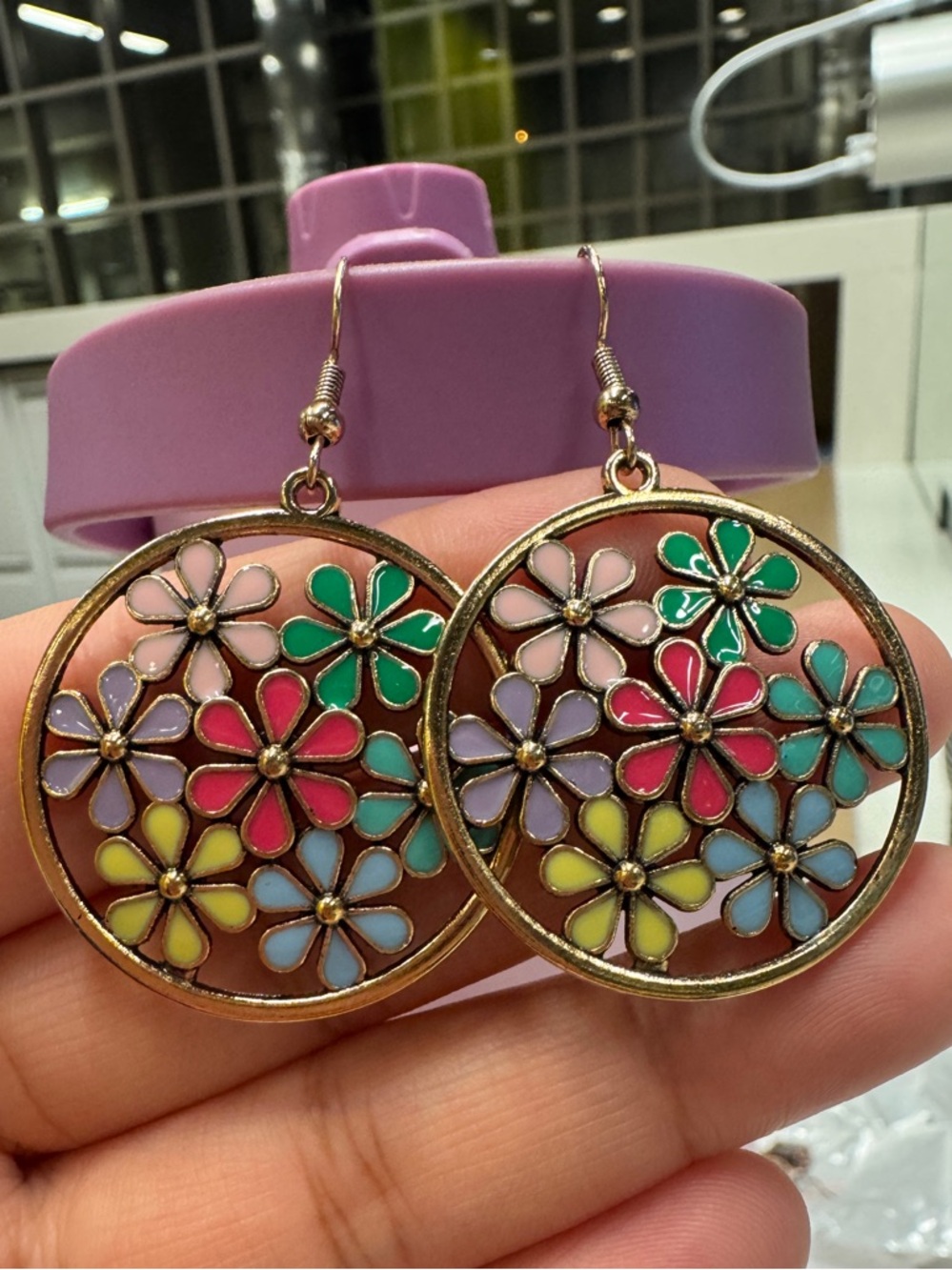 Colorful Floral Enamel Hoop Earrings - Multi